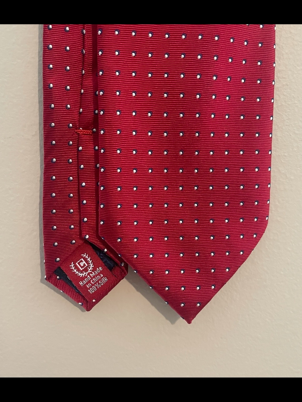 Chaps Red Tie with White and Navy Micro-Dots